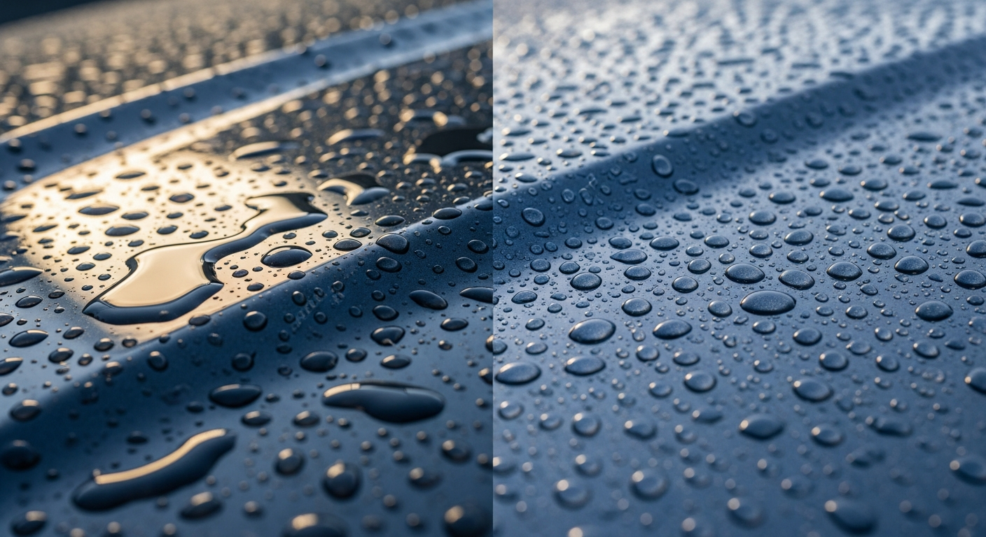 Side-by-side comparison of ceramic coating water beading versus traditional car wax