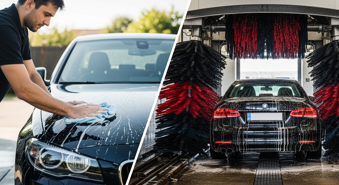 Professional hand washing a dark sedan with a microfiber mitt versus an automatic car wash