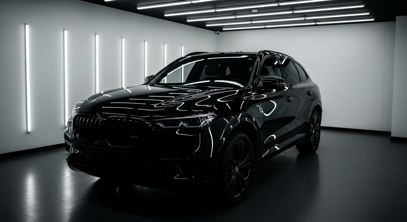 Freshly detailed vehicle with glossy paint in a professional detailing bay