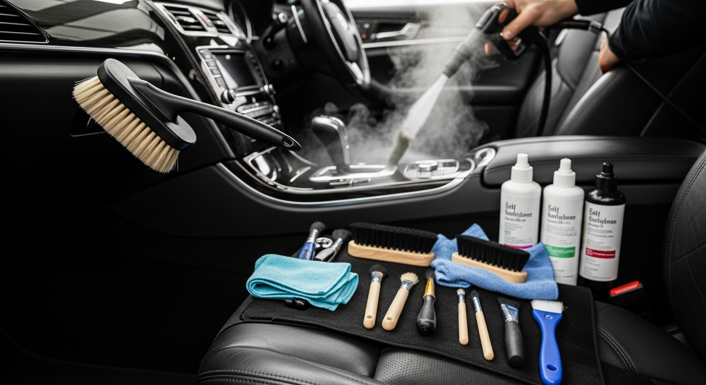 Detailer cleaning car interior dashboard and center console with professional-grade products