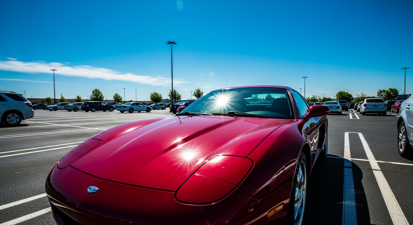 Vehicle parked under intense Texas sun with visible UV damage on the paint