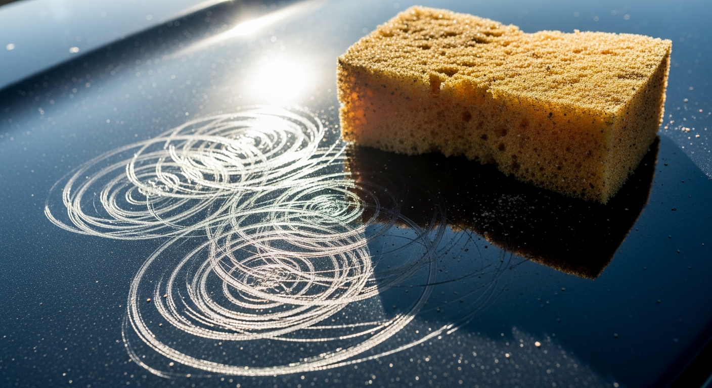 Close-up of swirl marks on dark car paint caused by improper washing techniques