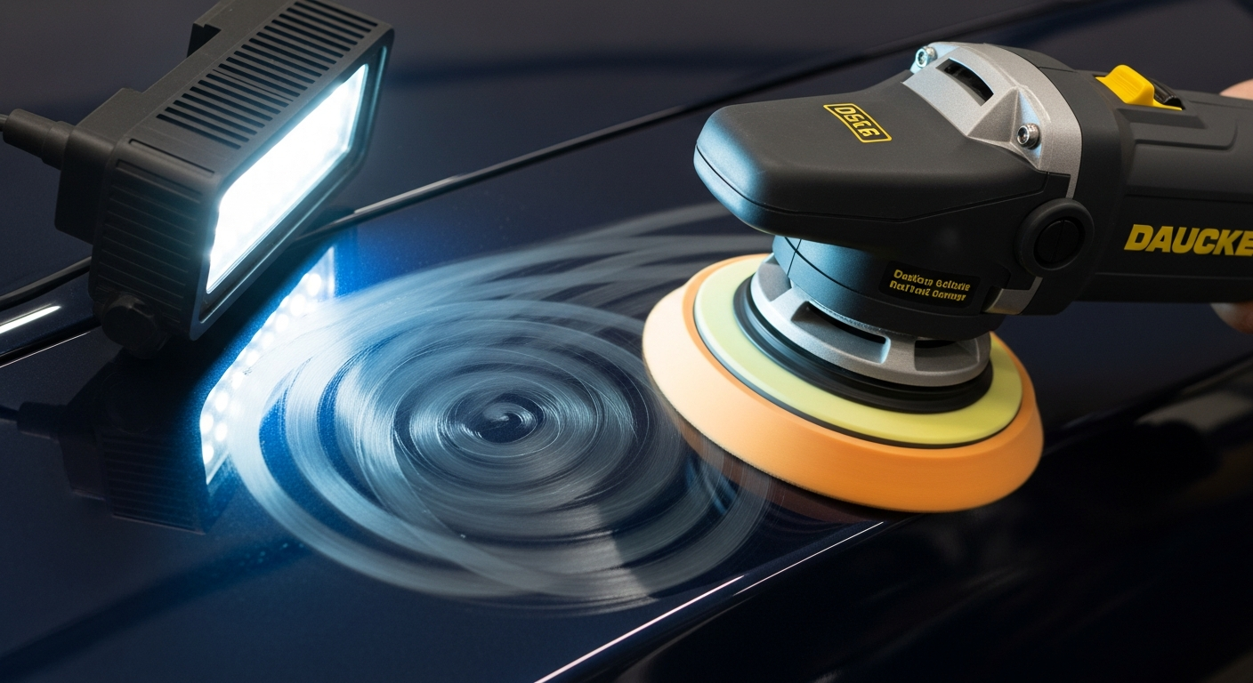 Split view of car hood showing swirl marks before paint correction and glossy finish after polishing