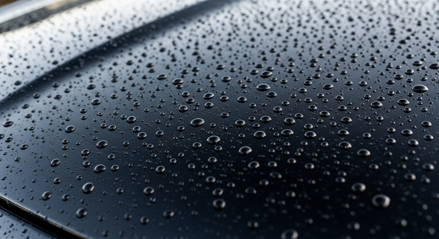 Water beading on a ceramic-coated vehicle hood at Ovill Car Wash & Detail in Ovilla TX