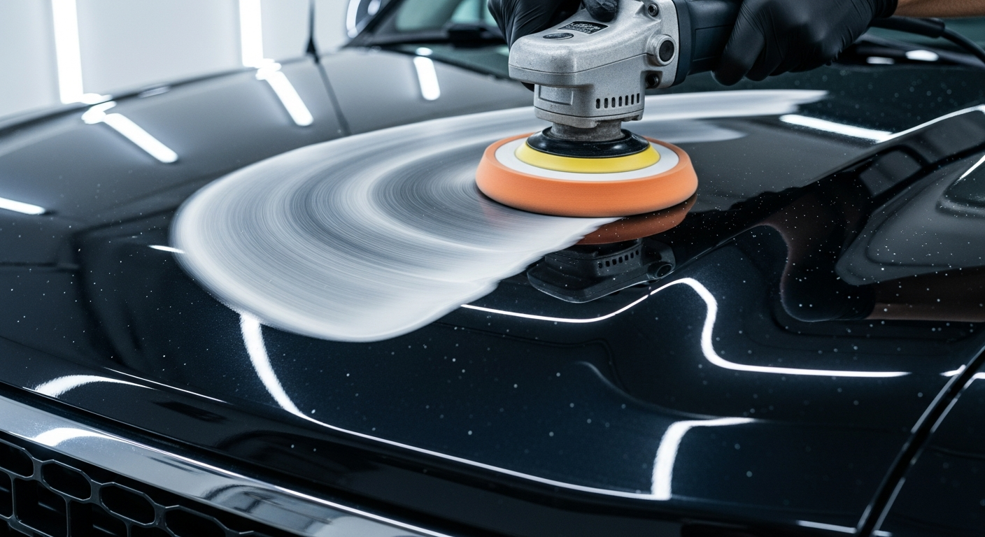 Detailer polishing the hood of a truck during an exterior detail at Ovill Car Wash & Detail