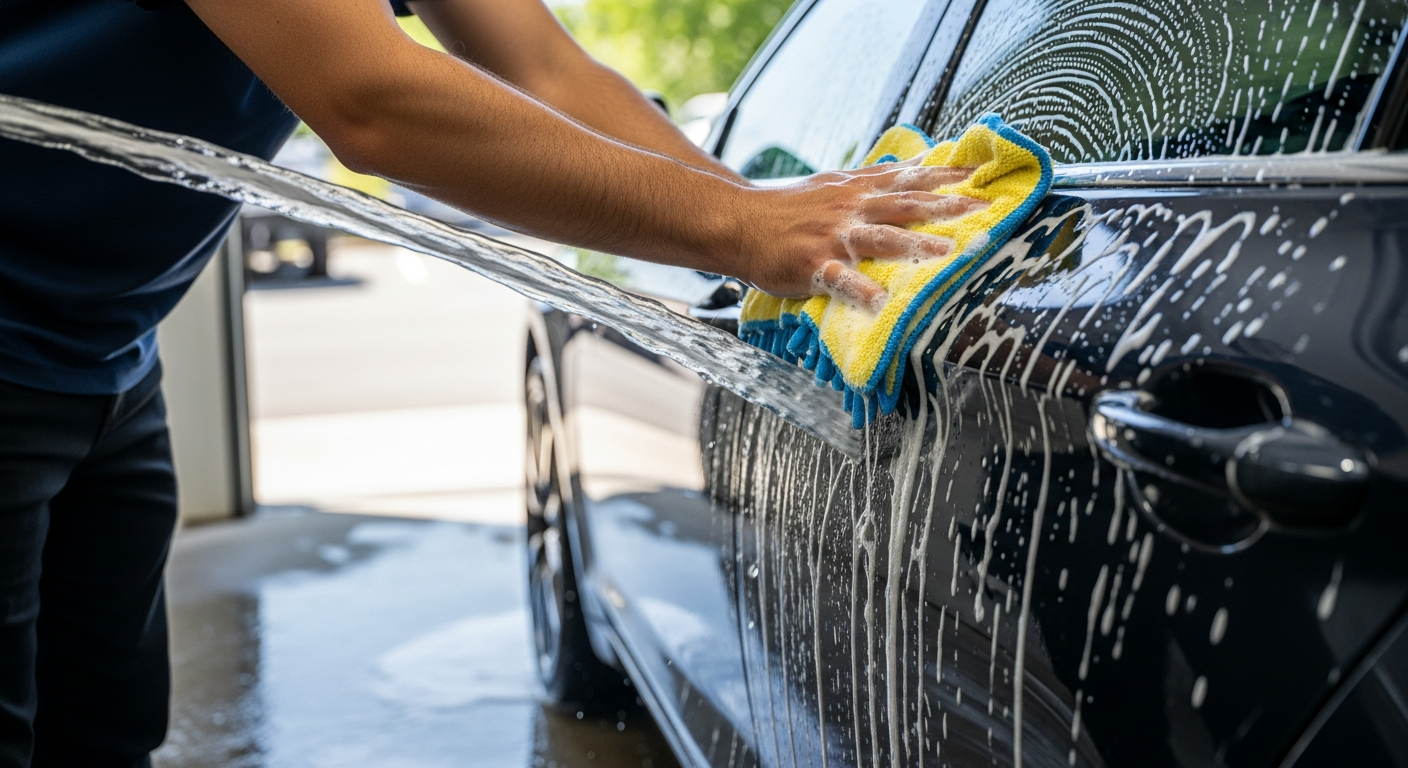 Technician hand washing a sedan at Ovill Car Wash & Detail in Ovilla TX