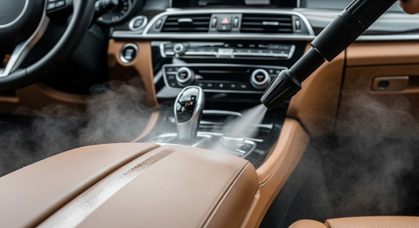 Interior detailing in progress showing steam cleaning of leather seats at Ovill Car Wash & Detail