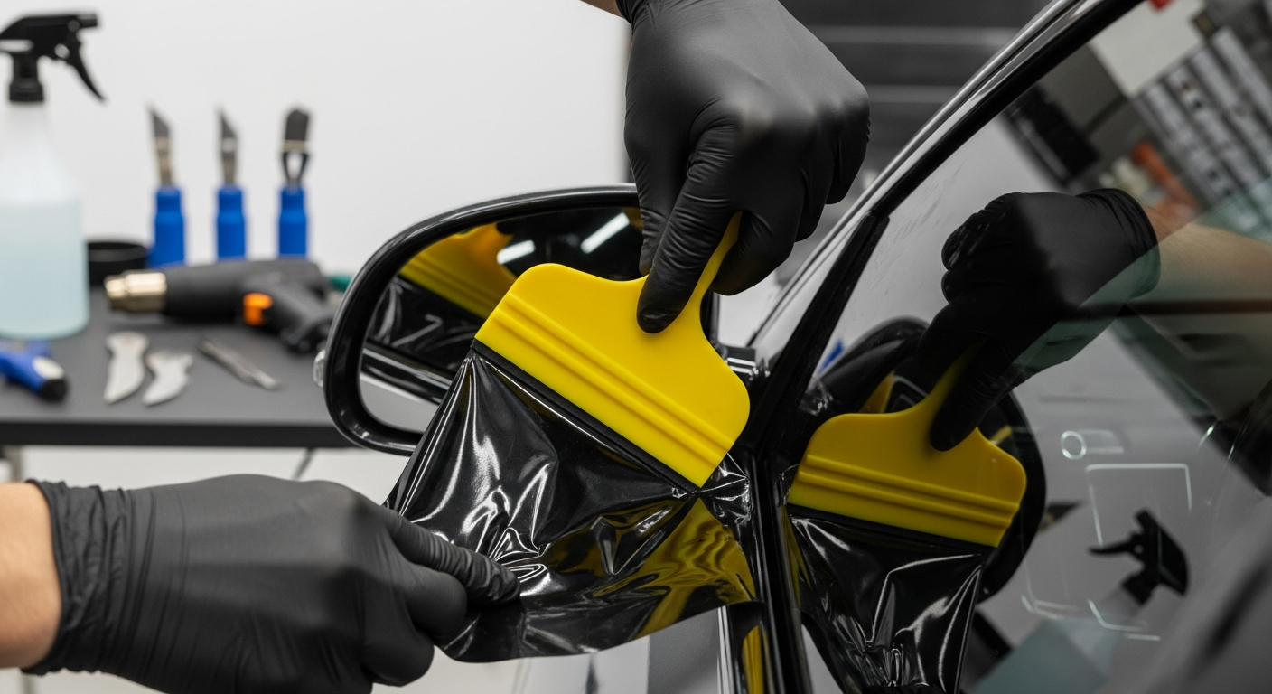 Technician applying window tint film to a vehicle side window at Ovill Car Wash & Detail